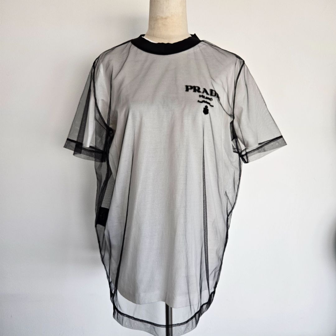 Prada White/Black Embroidered Logo Jersey T Shirt