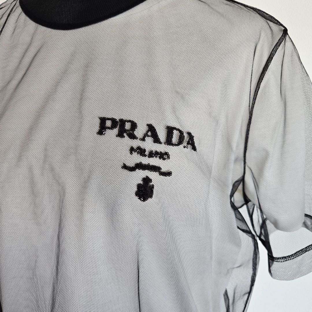 Prada White/Black Embroidered Logo Jersey T Shirt
