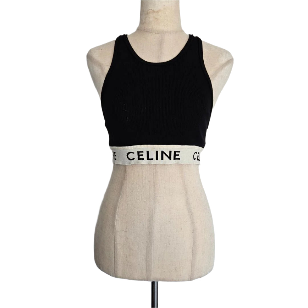 Celine Black Rib Knit Logo Detail Crop Tank Top