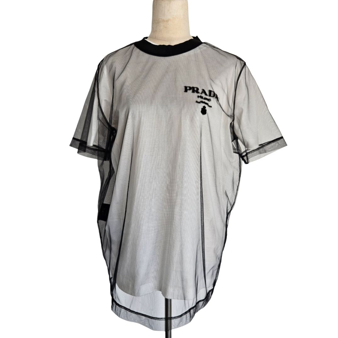 Prada White/Black Embroidered Logo Jersey T Shirt