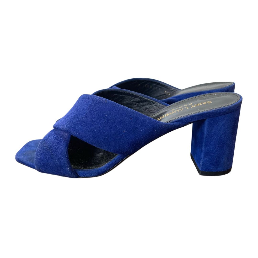 Saint Laurent Blue Crisscross Lou Lou Block Heel  Mules
