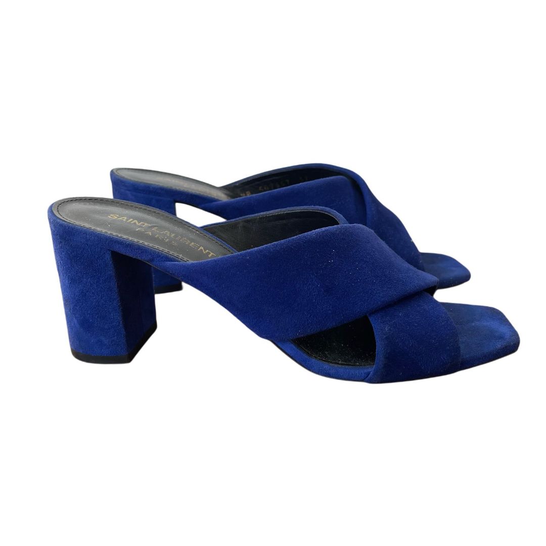 Saint Laurent Blue Crisscross Lou Lou Block Heel  Mules