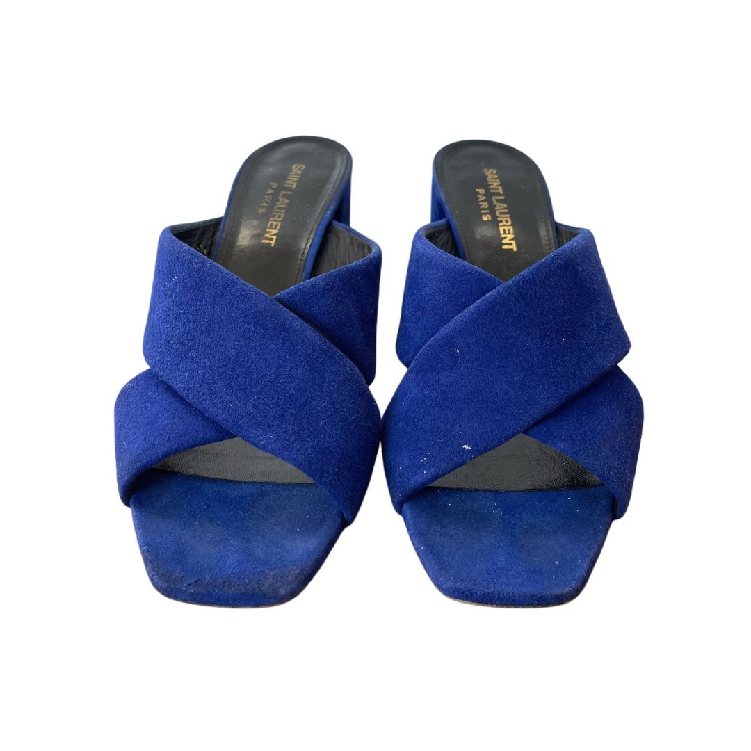 Saint Laurent Blue Crisscross Lou Lou Block Heel  Mules