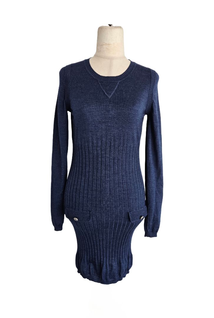 Chanel Blue Wool Ribbed Knit Sweater Dress W/ Leggings - BOPF