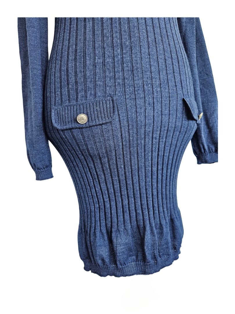 Chanel Blue Wool Ribbed Knit Sweater Dress W/ Leggings