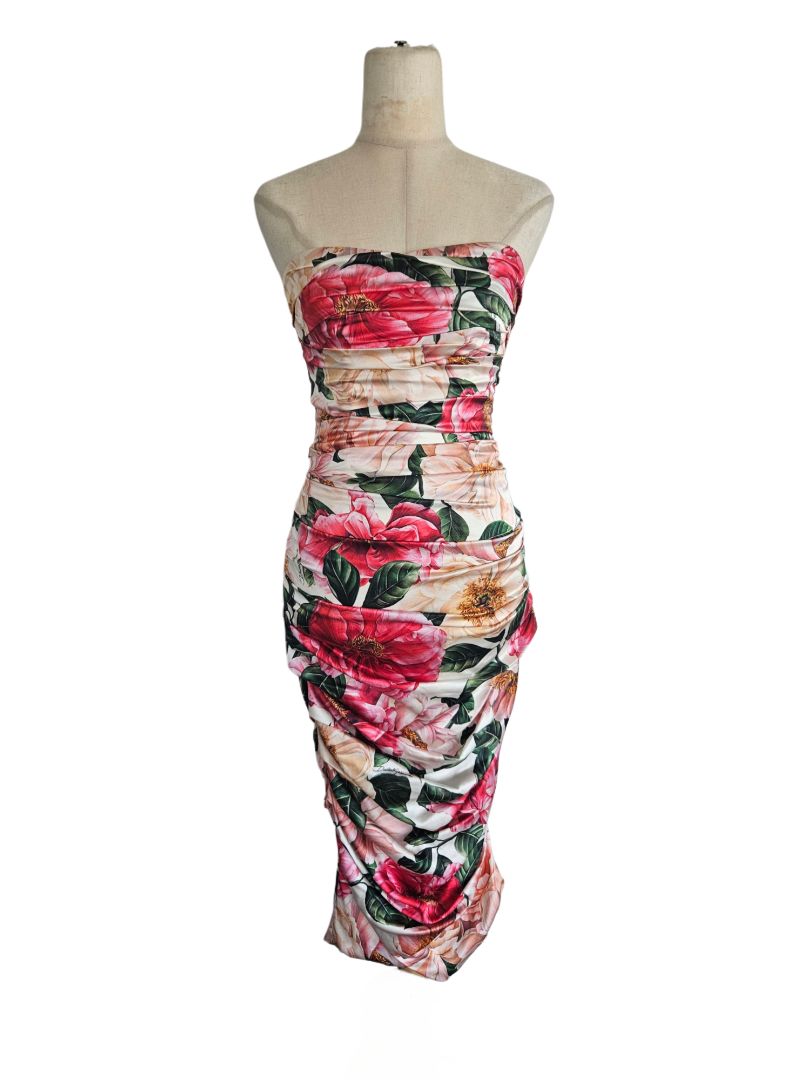 Dolce & Gabbana Pink Floral Print Ruched Strapless Dress - BOPF