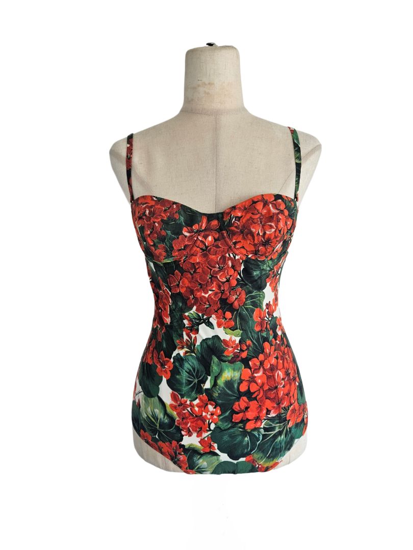 Dolce & Gabbana Red & Green Portofino Balconette One Piece Swimsuit