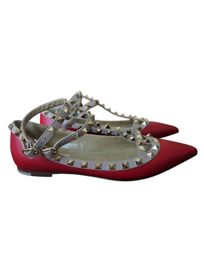 Valentino Red/Beige Leather Rockstud Caged Pointed Toe Ballet Flats, size 37