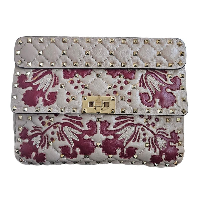 Valentino Beige/Red Flower Intarsia Leather Rockstud  Chain Shoulder Bag