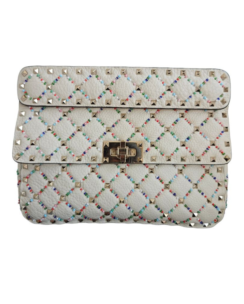Valentino Cream Leather, Multicolor Beaded Rockstud Spike Quilted Bag