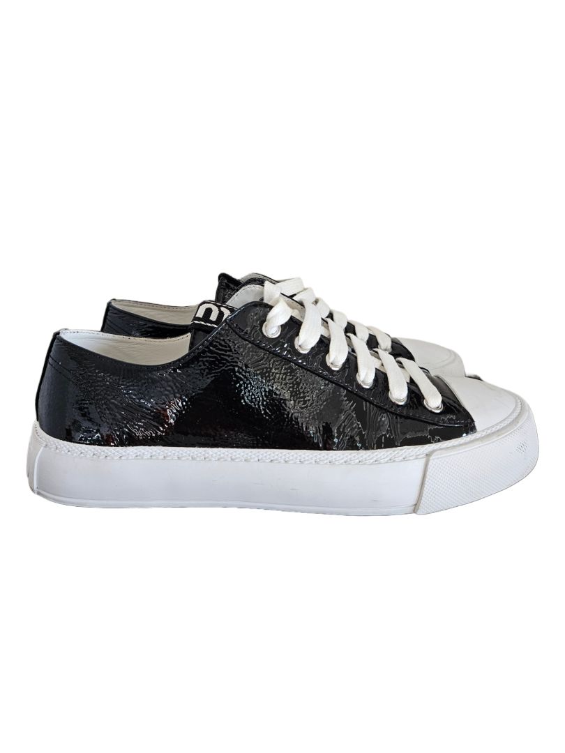 Miu Miu Black Patent Leather with white rubber Lace Up Sneaker, 38