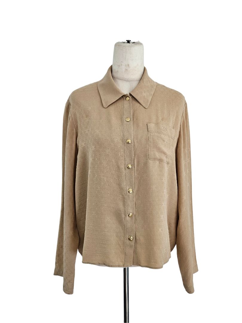 Celine Beige Logo Print Button Triomphe Silk Shirt
