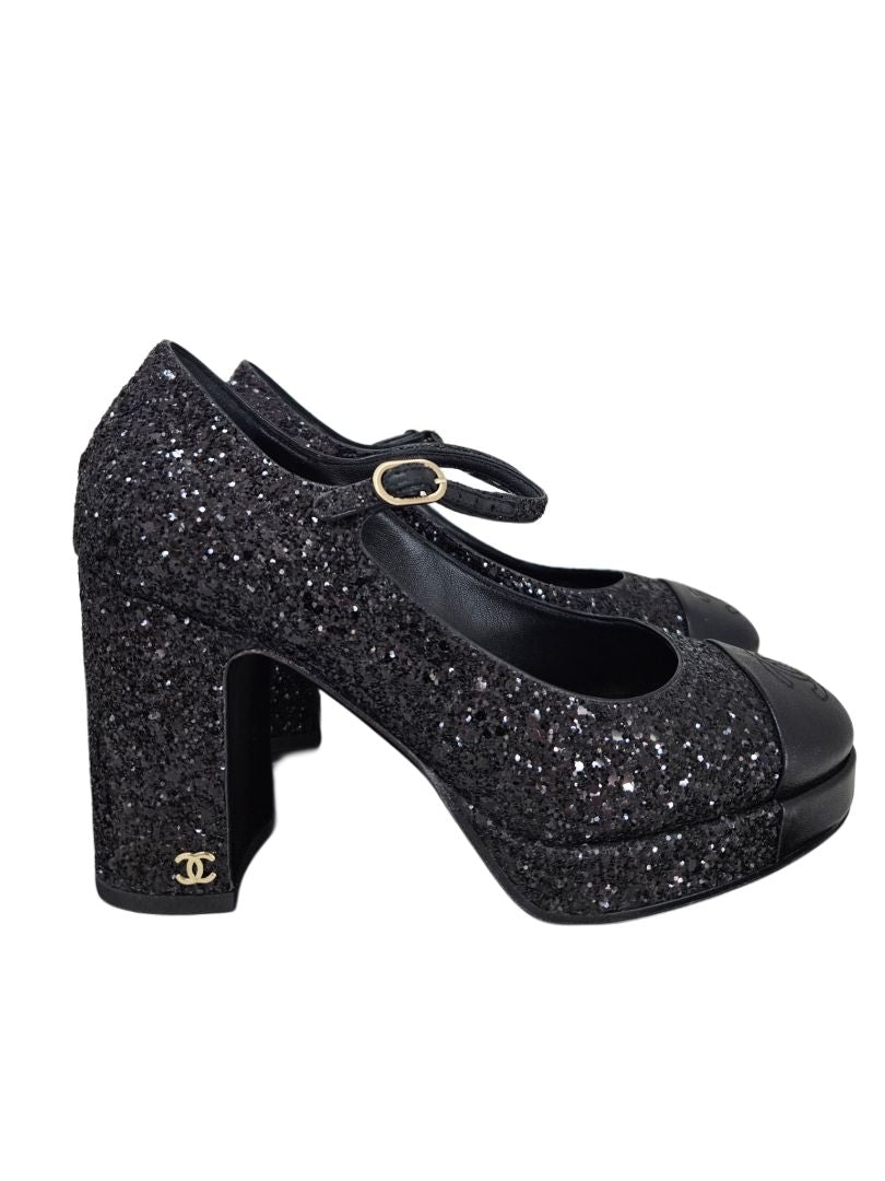 Chanel Black Glitter & Leather CC Platform Mary Jane Pumps