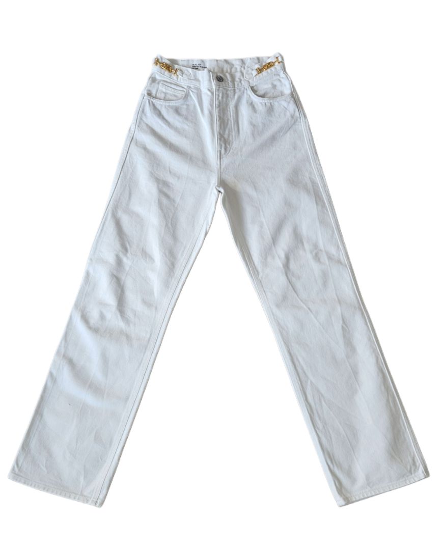 Celine White Straight Cut Logo Buckle Denim Jeans