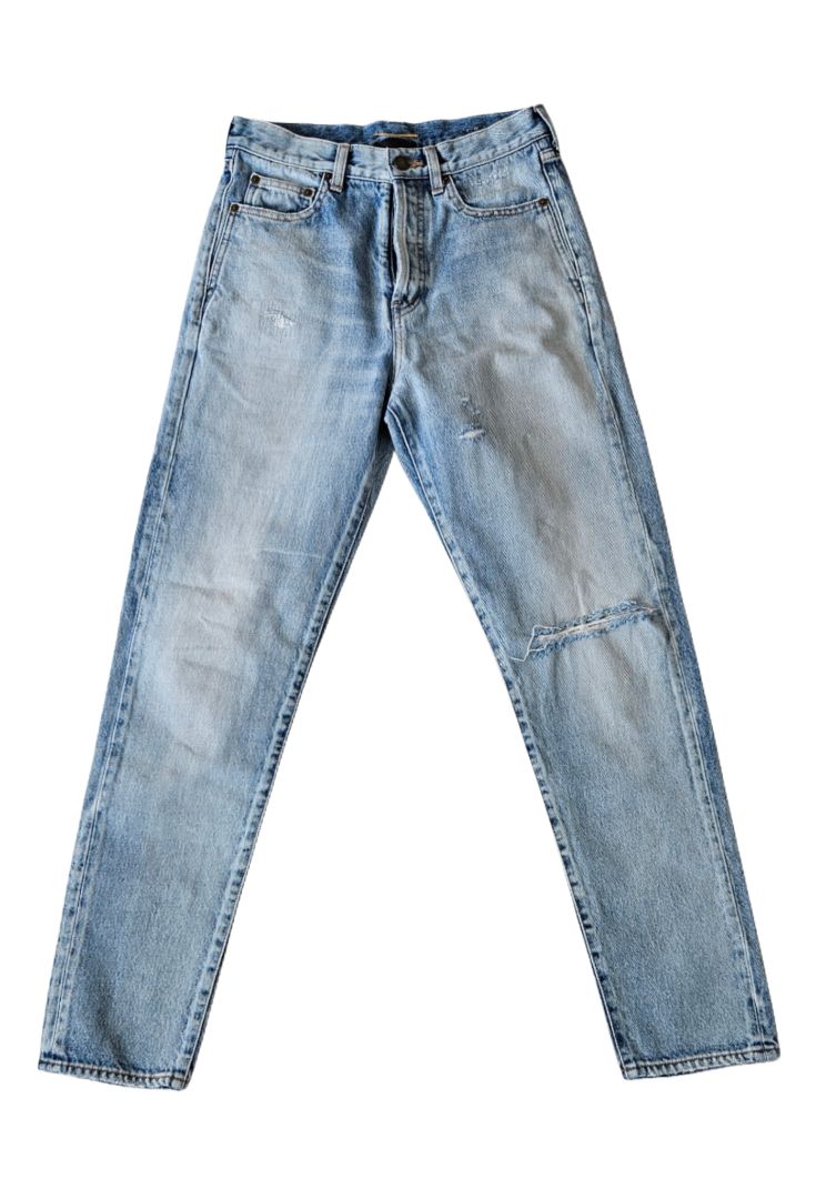 Saint Laurent Light Blue Straight Cut Ripped Denim Jeans