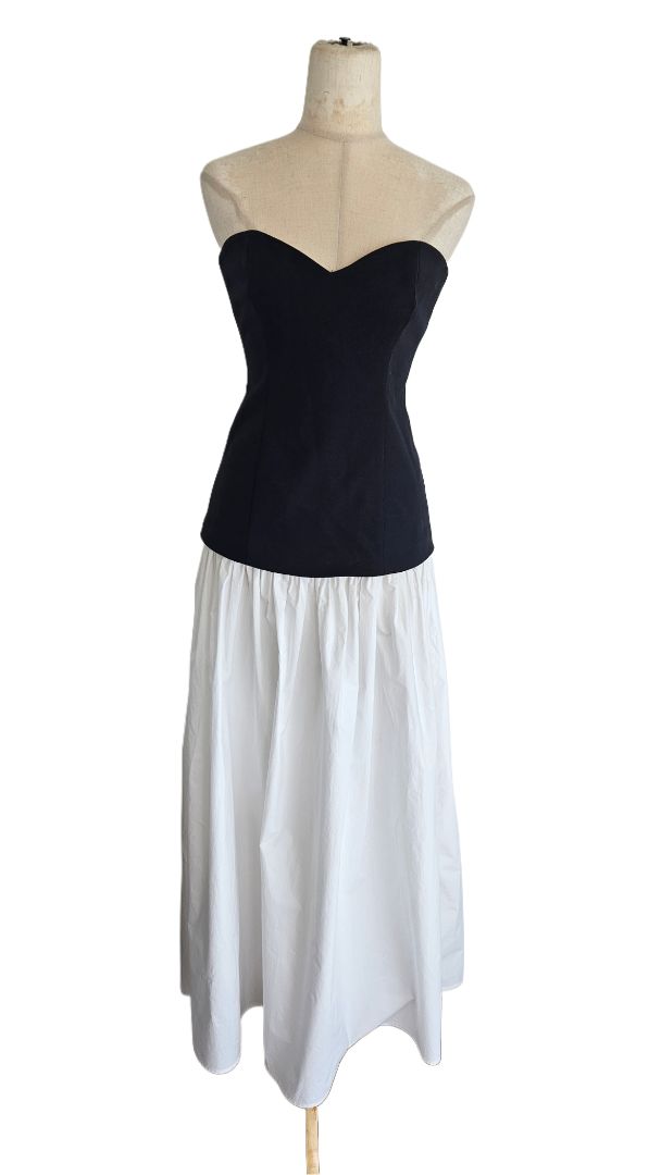 knee length dresses for ladies Helsa Black/White Faille Colorblock Midi Dress - BOPF