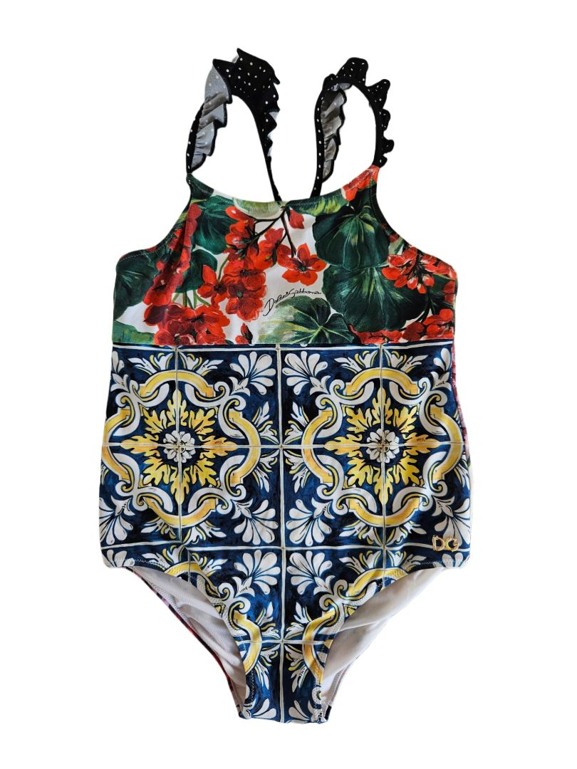 Dolce & Gabbana Multicolor Floral Majolica Print Swimsuit For Girls