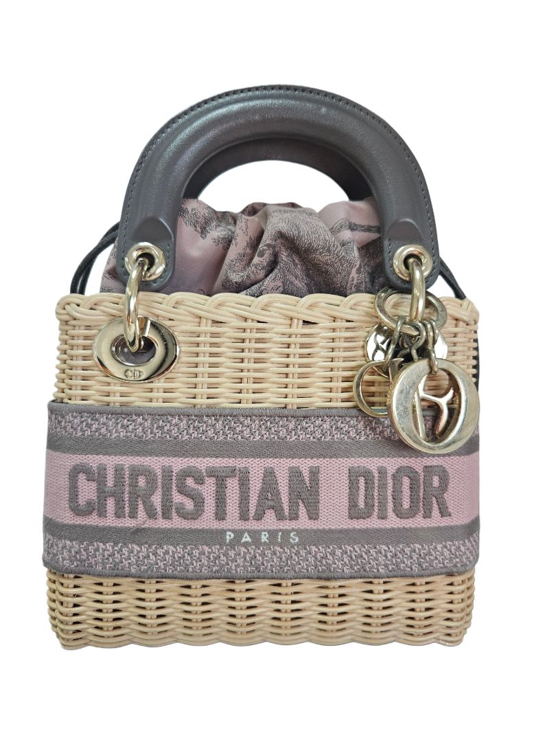 Christian Dior Pink/Beige Canvas & Wicker Mini Lady Dior Top