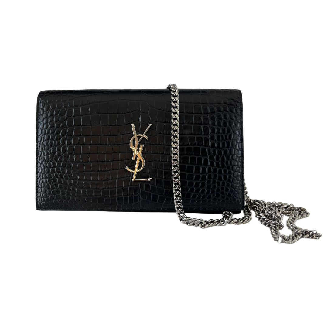 Saint Laurent Black Croc Embossed Kate Crossbody Bag