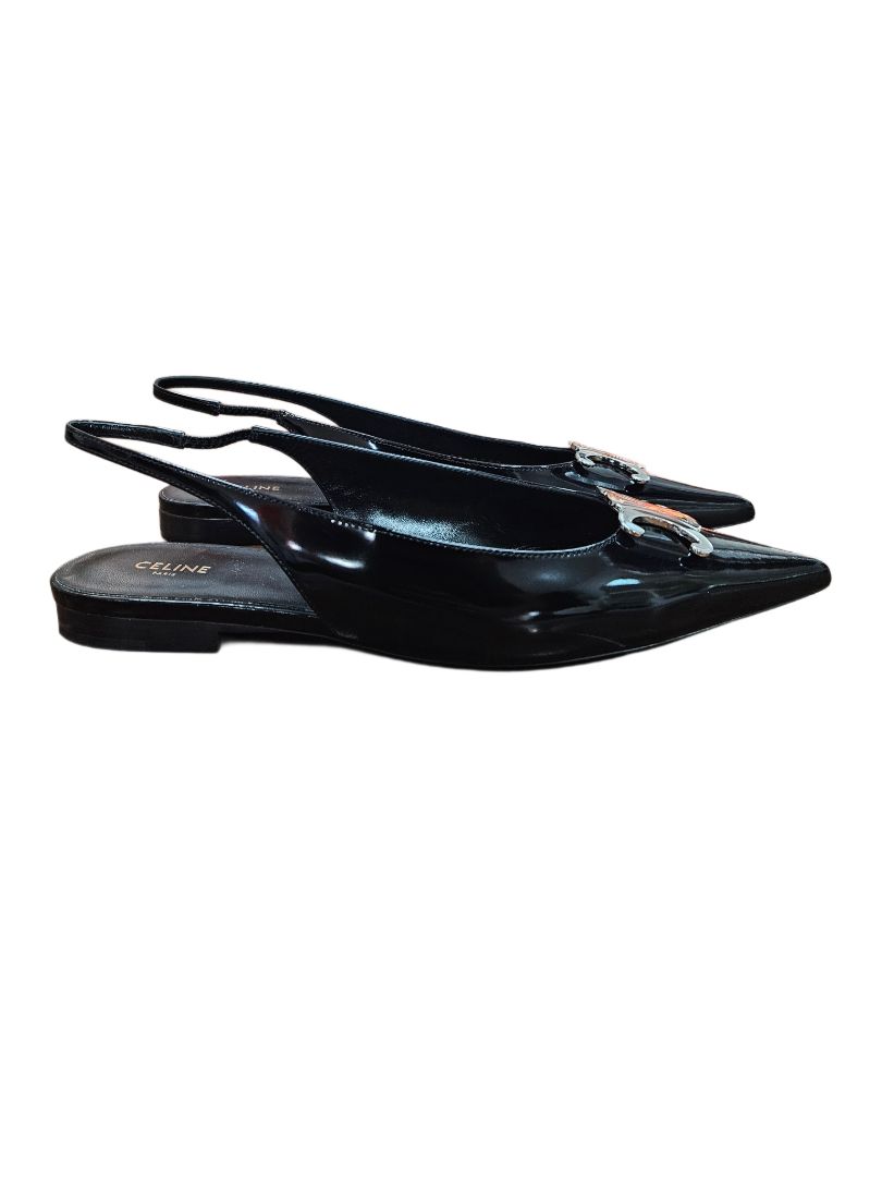 Celine Black Patent Leather Alma Flat Slingbacks Sandal, size 38