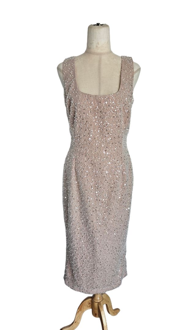 green emerald velvet dress Nadine Merabi Beige Pearl Sequins Sleeveless Dress - BOPF