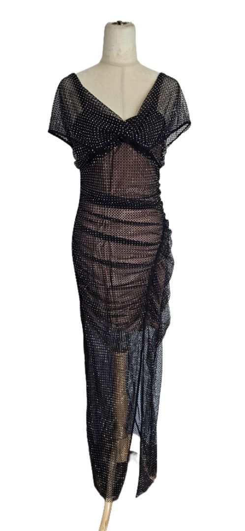 Self Portrait Black Diamante Fishnet Off-Shoulder Dress - BOPF