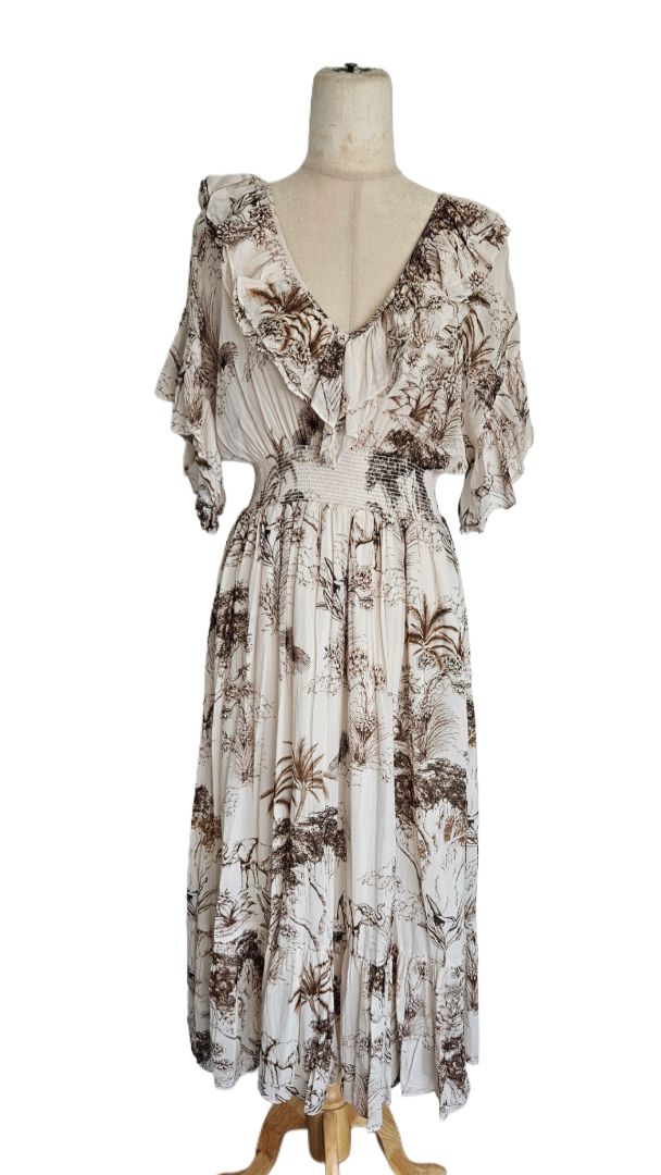 sandro printed midi dress Sandro Marro Ruffled Elephant Print Gauze Midi Dress - BOPF
