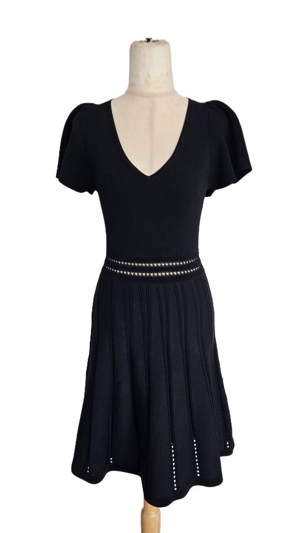 Sandro Black V Neck Short Sleeve Knit Flared Dress - BOPF