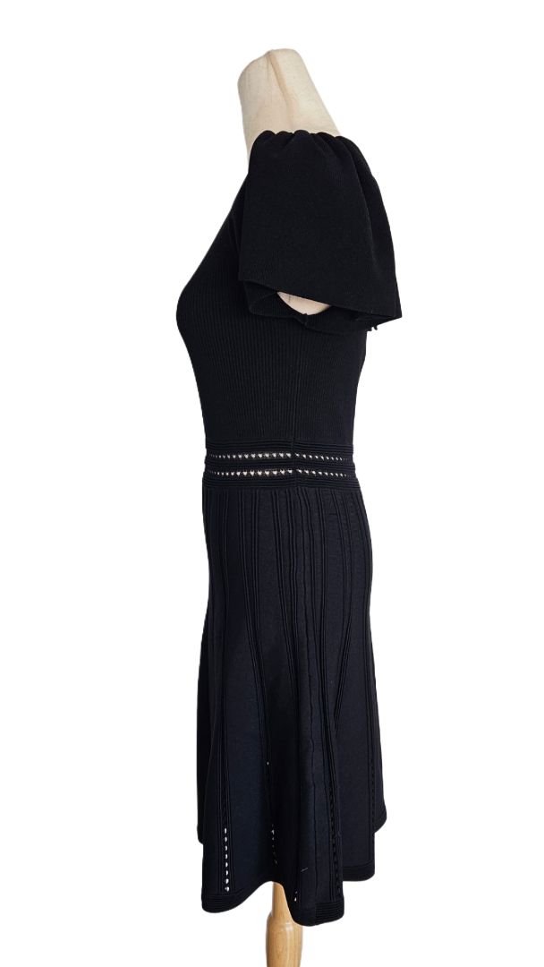 Sandro Black V Neck Short Sleeve Knit Flared Dress - BOPF | Business of Preloved Fashion Sandro Black V Neck Short Sleeve Knit Flared Dress - BOPF | Business of Preloved Fashion