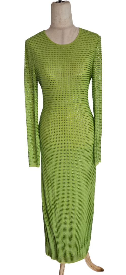 knee length dresses for ladies Self Portrait Green Crystal Embellished Long Sleeve Bodycon Dress - BOPF
