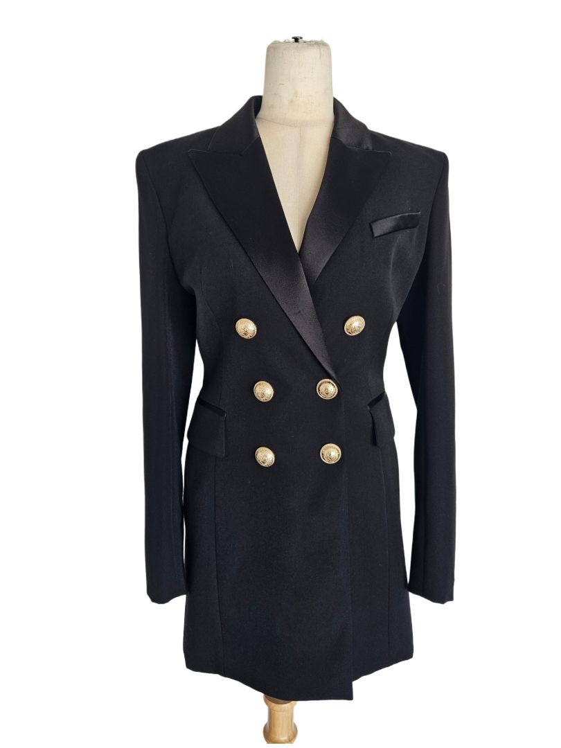 Balmain Black Basket Weave Lapel Detail Coat Dress