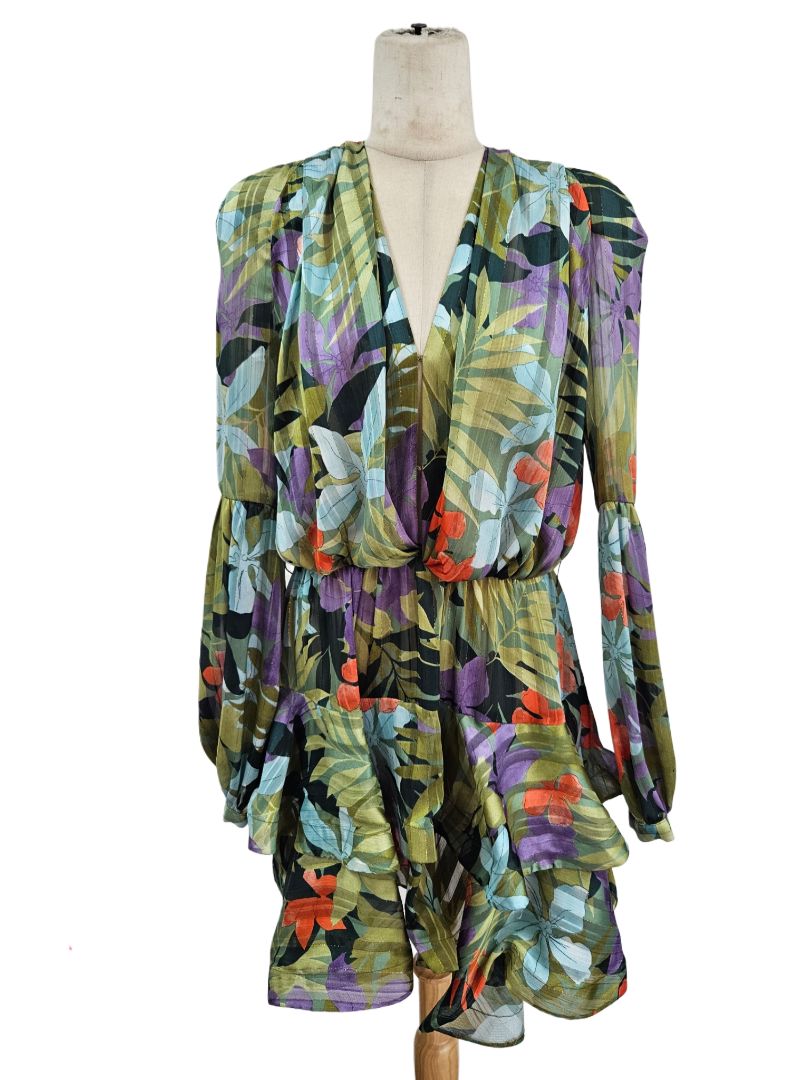 Bronx & Banco Green w/ Multicolor Tropical Print Ruffled Hem Mini Dres -  BOPF