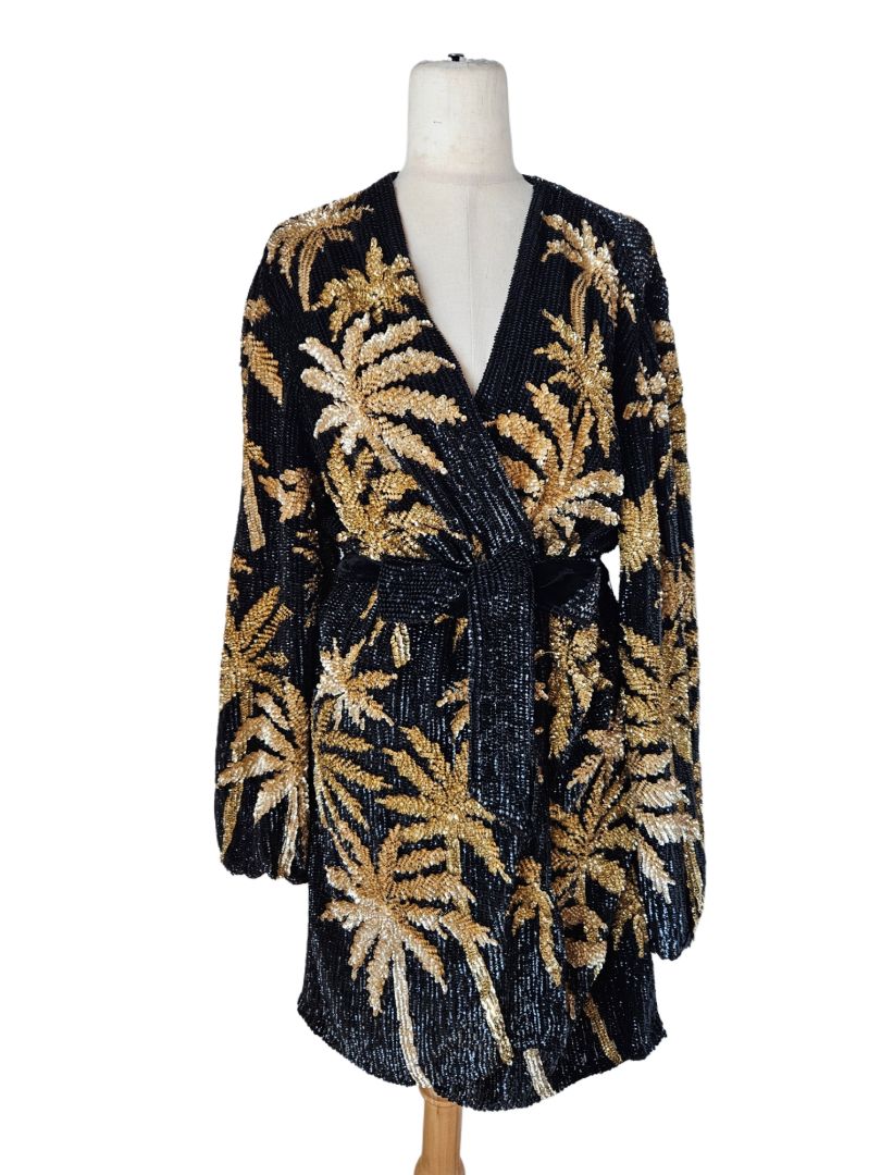 retrofete Gabrielle Robe Dress in Black & Gold Palm