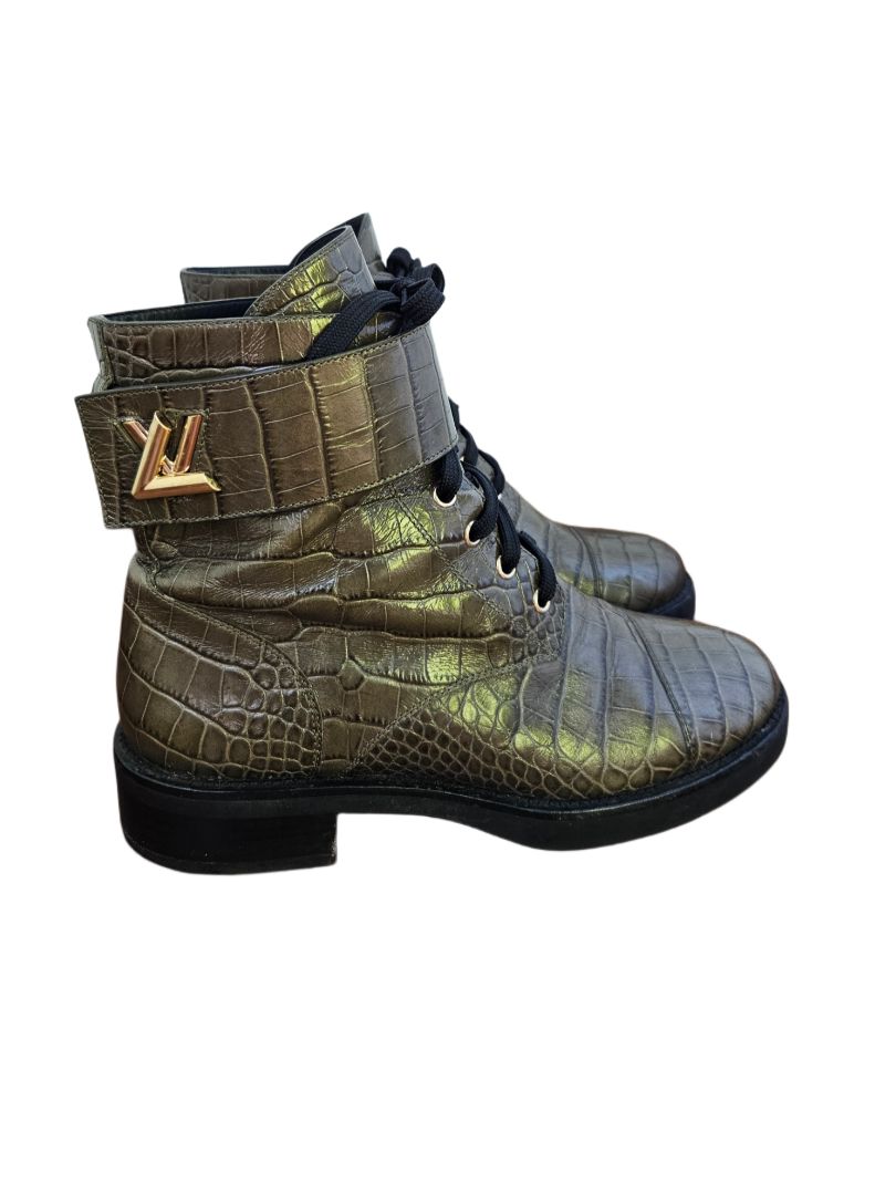 Louis Vuitton Green Croc Embossed Combat Boots, 40