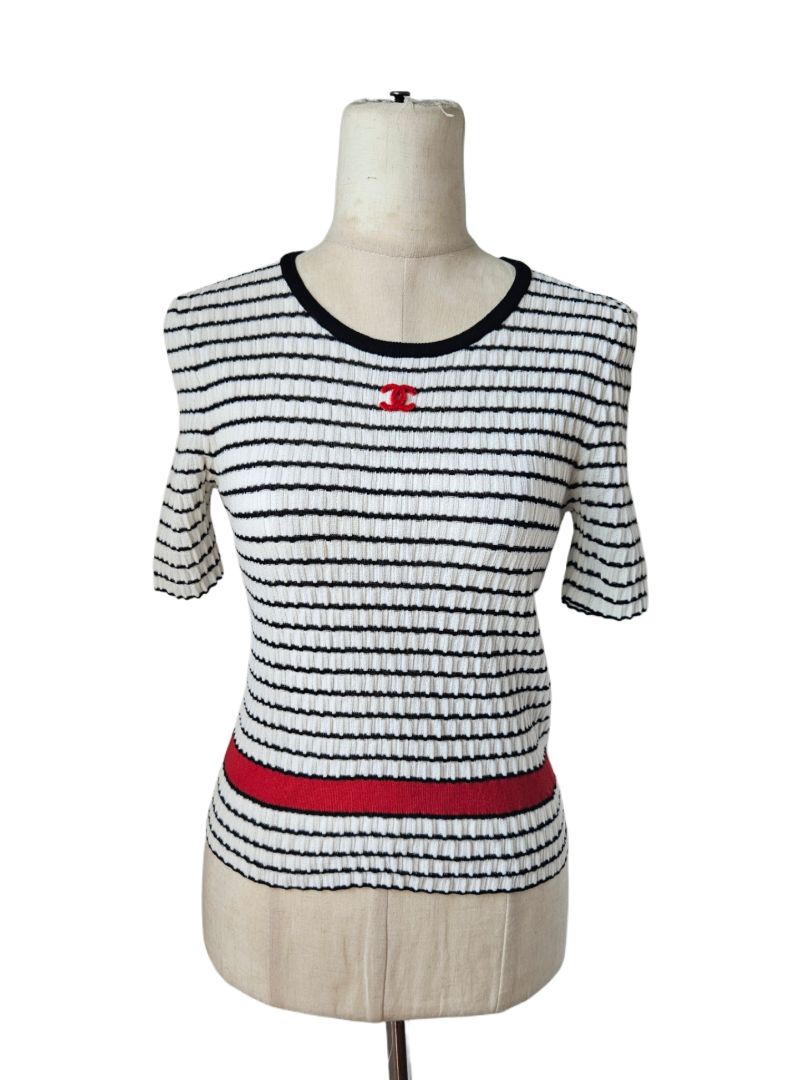 Chanel White/Black CC Striped  Top