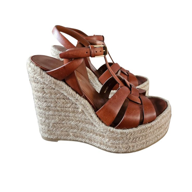 Saint Laurent Brown Leather Wedge Sandal, size 37