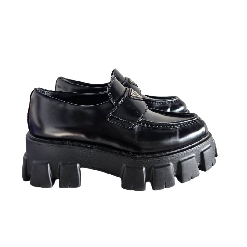 Prada Black Leather Monolith Logo Platform Loafer, size 37
