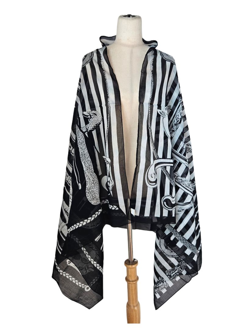 Hermes Black/White Striped Printed Scarf