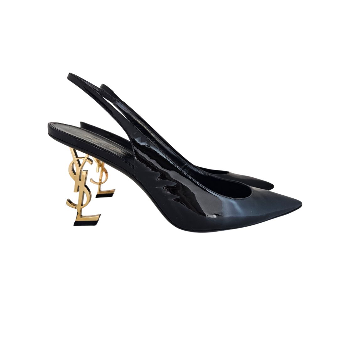Saint Laurent Black Opyum Logo Heel Slingback Pumps, size 42