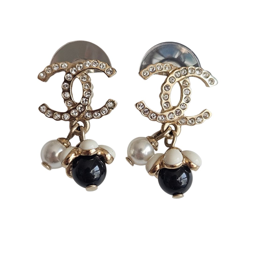 Chanel Coco Mark Rhinestone Flower Motif Earrings