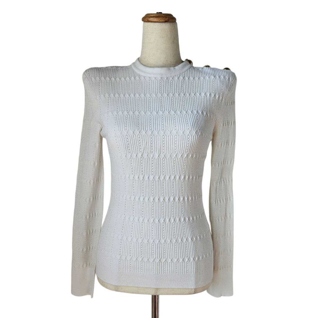 Balmain White Shoulder Padded Button Knitted Sweatshirt