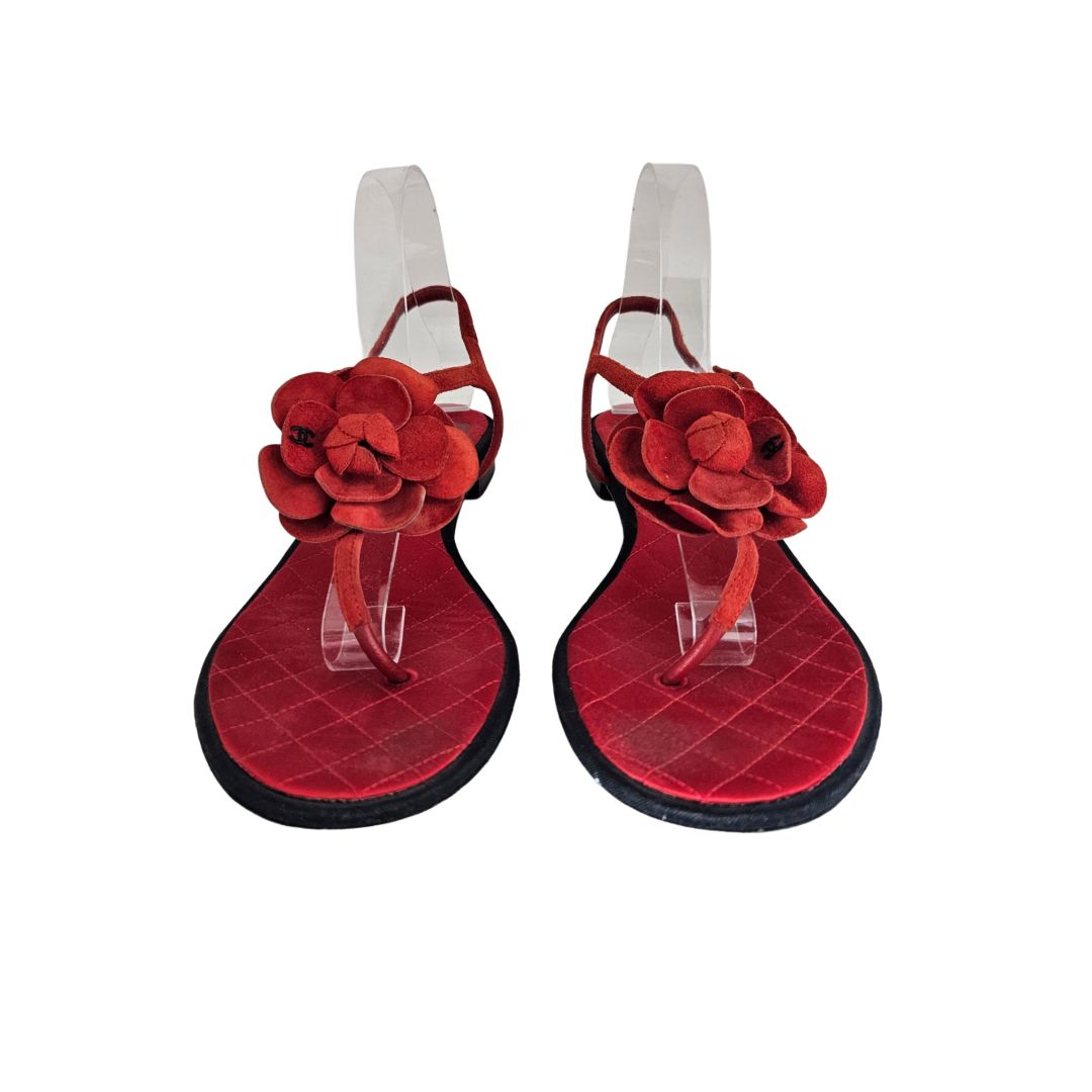 Chanel Red Camillia CC Ankle Strap Flat Sandal