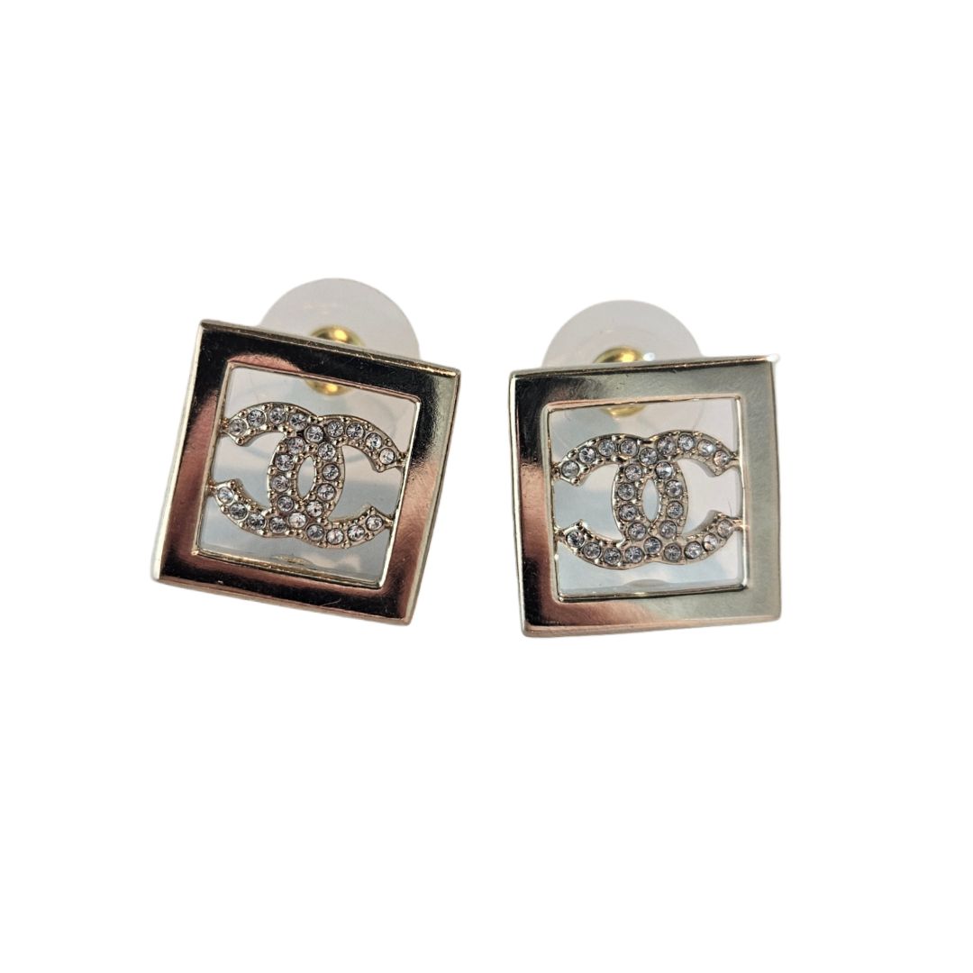 Chanel Metal Crystal Square CC Stud Earring