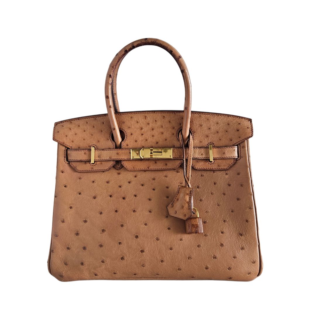 Hermes Camel Ostrich Leather Gold Finish Birkin 30 Handbag