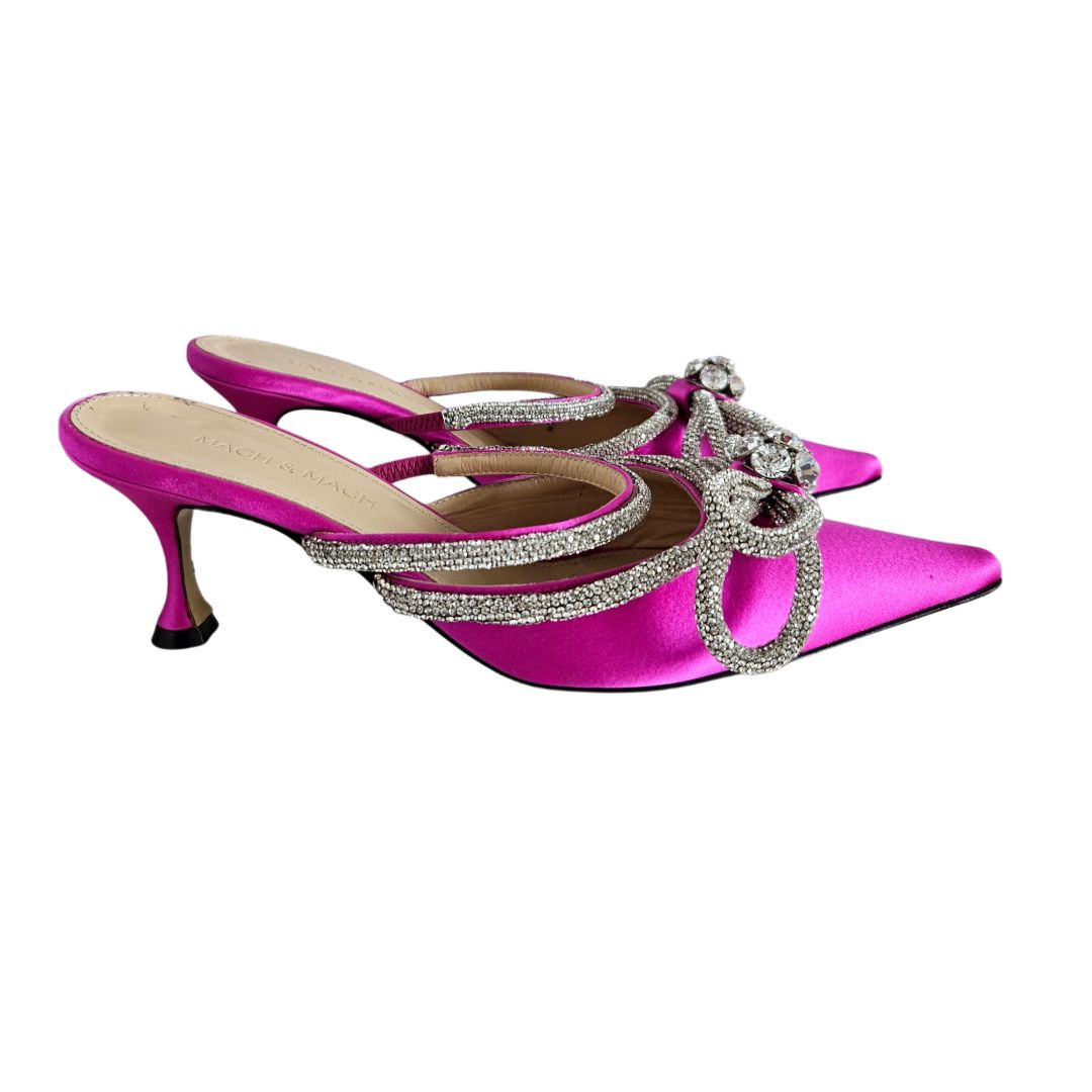 Mach & Mach Pink Satin Double Bow Crystal Embellished Mules Mach & Mach Pink Satin Double Bow Crystal Embellished Mules