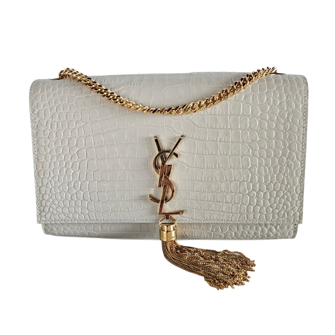 Saint Laurent Ivory Croc Embossed Medium Kate Tassel Crossbody Bag