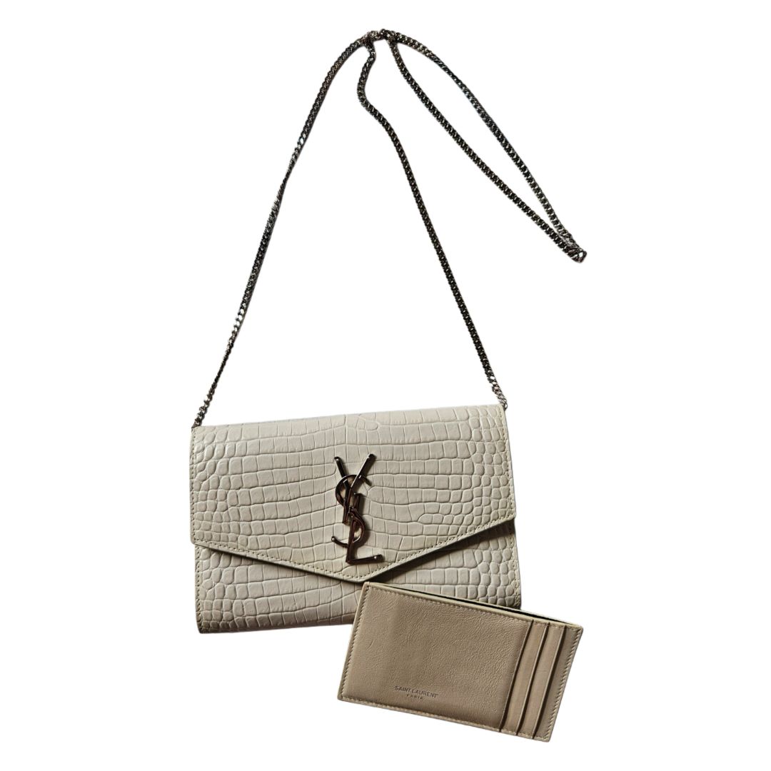 Saint Laurent Ivory Croc Embossed Uptown Chain Wallet - BOPF