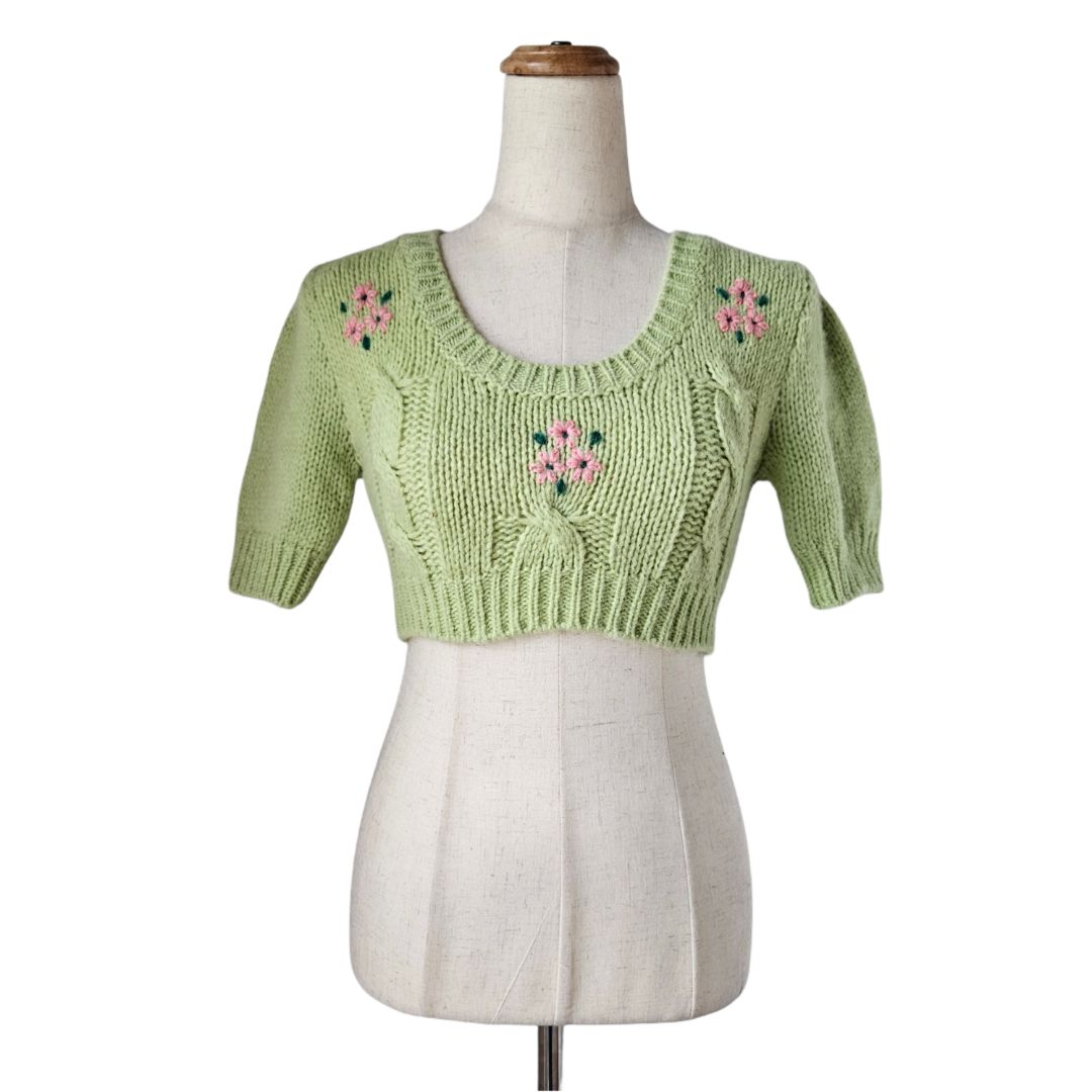Alessandra Rich  Green With Floral Detail Cropped Knit Sweater