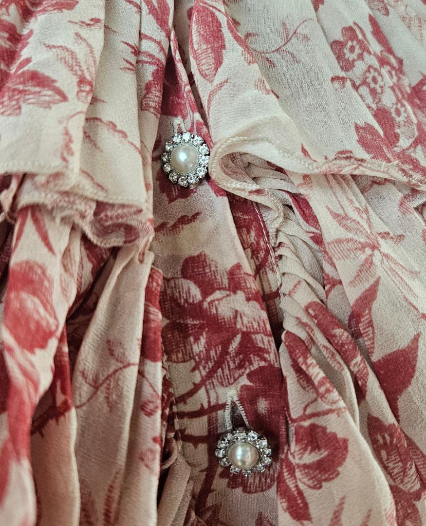 Gucci Beige/Red With Flowers and Front Frill Long Dress - BOPF | Business of Preloved Fashion Gucci Beige/Red With Flowers and Front Frill Long Dress - BOPF | Business of Preloved Fashion