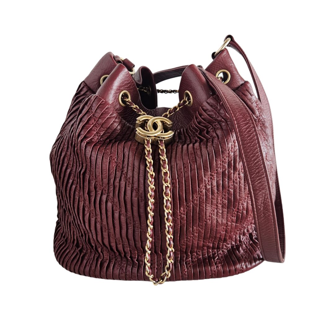 Chanel Burgundy Pleated Leather Drawstring CC Pleated Bucket Bag